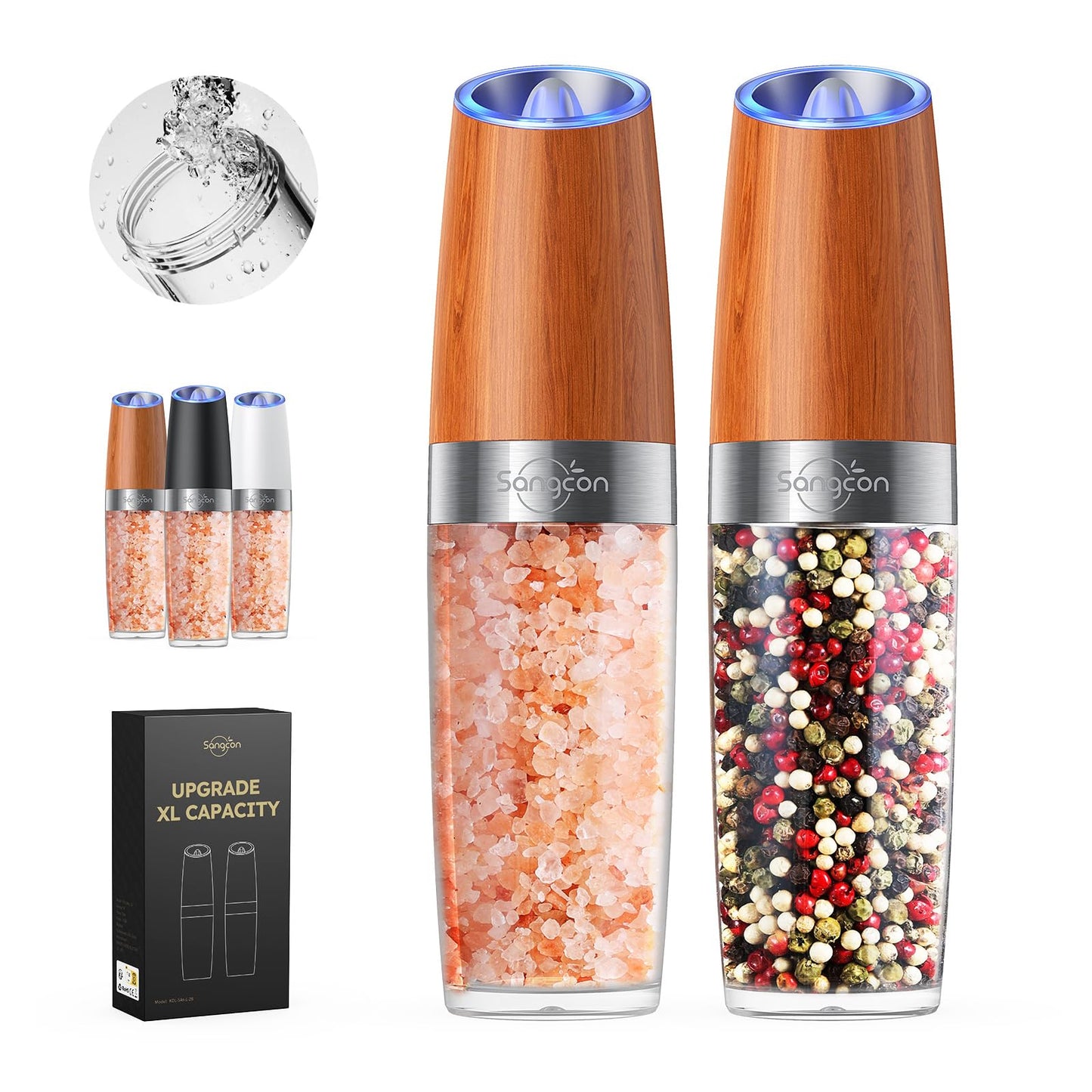 Sangcon Gravity Electric Salt and Pepper Grinder Set Battery Powered 𝐔𝐩𝐠𝐫𝐚𝐝𝐞𝐝 𝟗𝐨𝐳 𝐗𝐋 𝐂𝐚𝐩𝐚𝐜𝐢𝐭𝐲 Refillable Automatic Operation Adjustable Coarseness Mill Grinder Shakers Set