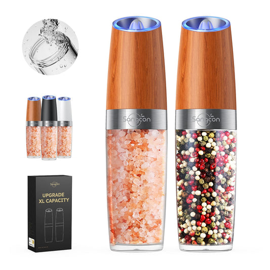 Sangcon Gravity Electric Salt and Pepper Grinder Set Battery Powered 𝐔𝐩𝐠𝐫𝐚𝐝𝐞𝐝 𝟗𝐨𝐳 𝐗𝐋 𝐂𝐚𝐩𝐚𝐜𝐢𝐭𝐲 Refillable Automatic Operation Adjustable Coarseness Mill Grinder Shakers Set