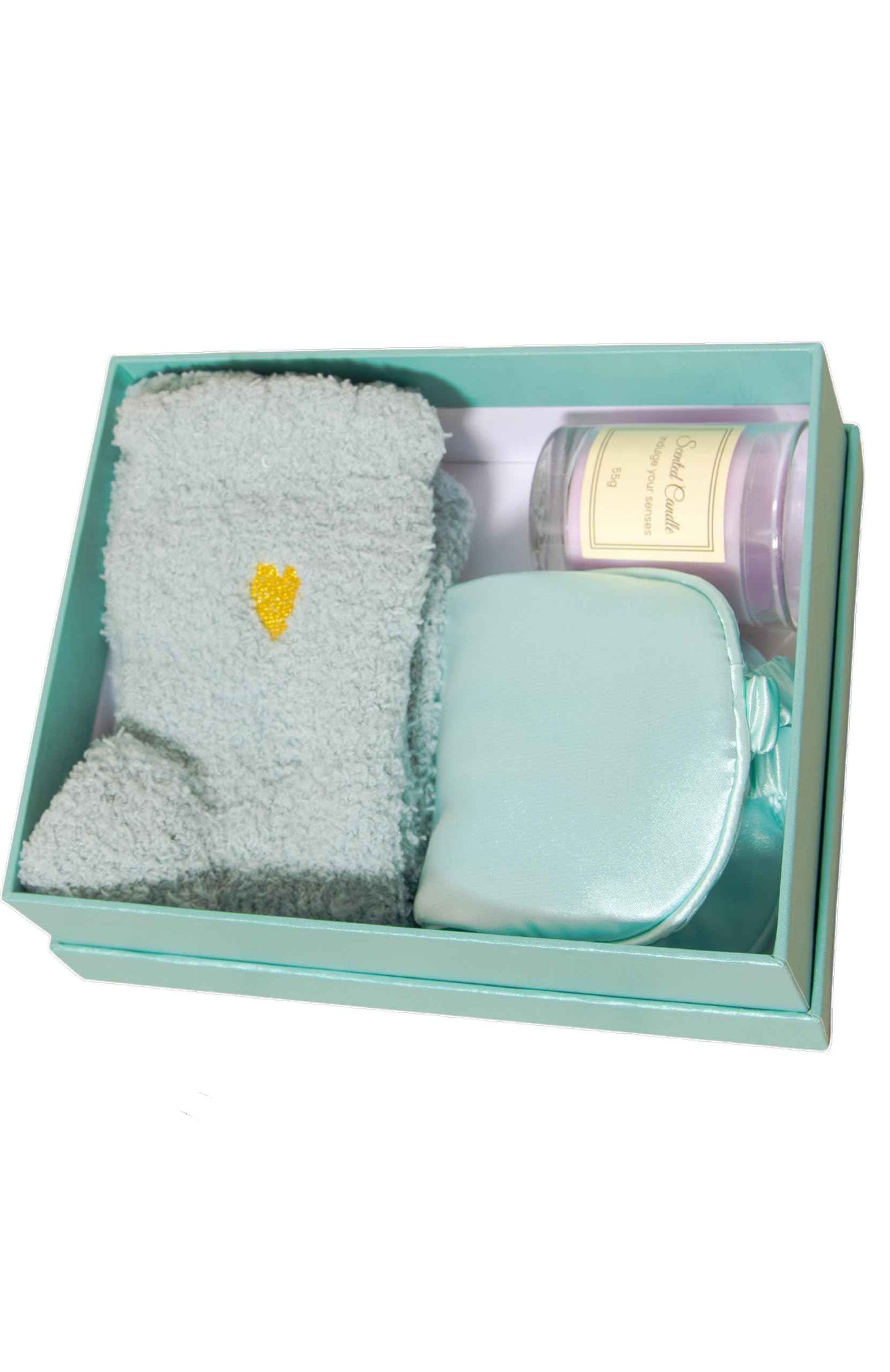 Spa Gift Set for Women – Relaxation Gift Box with Candle, Fuzzy Socks, Satin Eye Mask – Spa Kit for Birthday, Thank You, Bridesmaid, Holidays (Aqua Blue)