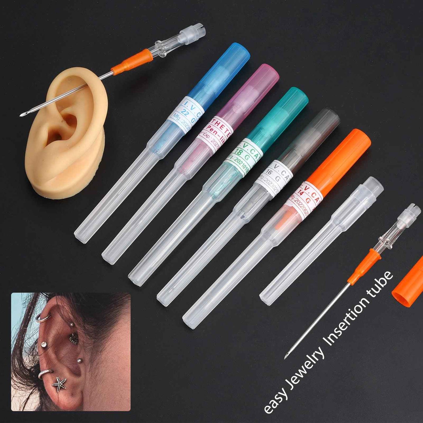 50Pcs Piercing Needles 14g 16g 18g 20g 22g IV Catheter Needles for Ear Nose Lip Tongue Belly Nipple Cartilage Piercings Disposable Stainless Steel Hollow Body Piercing Needles Tool