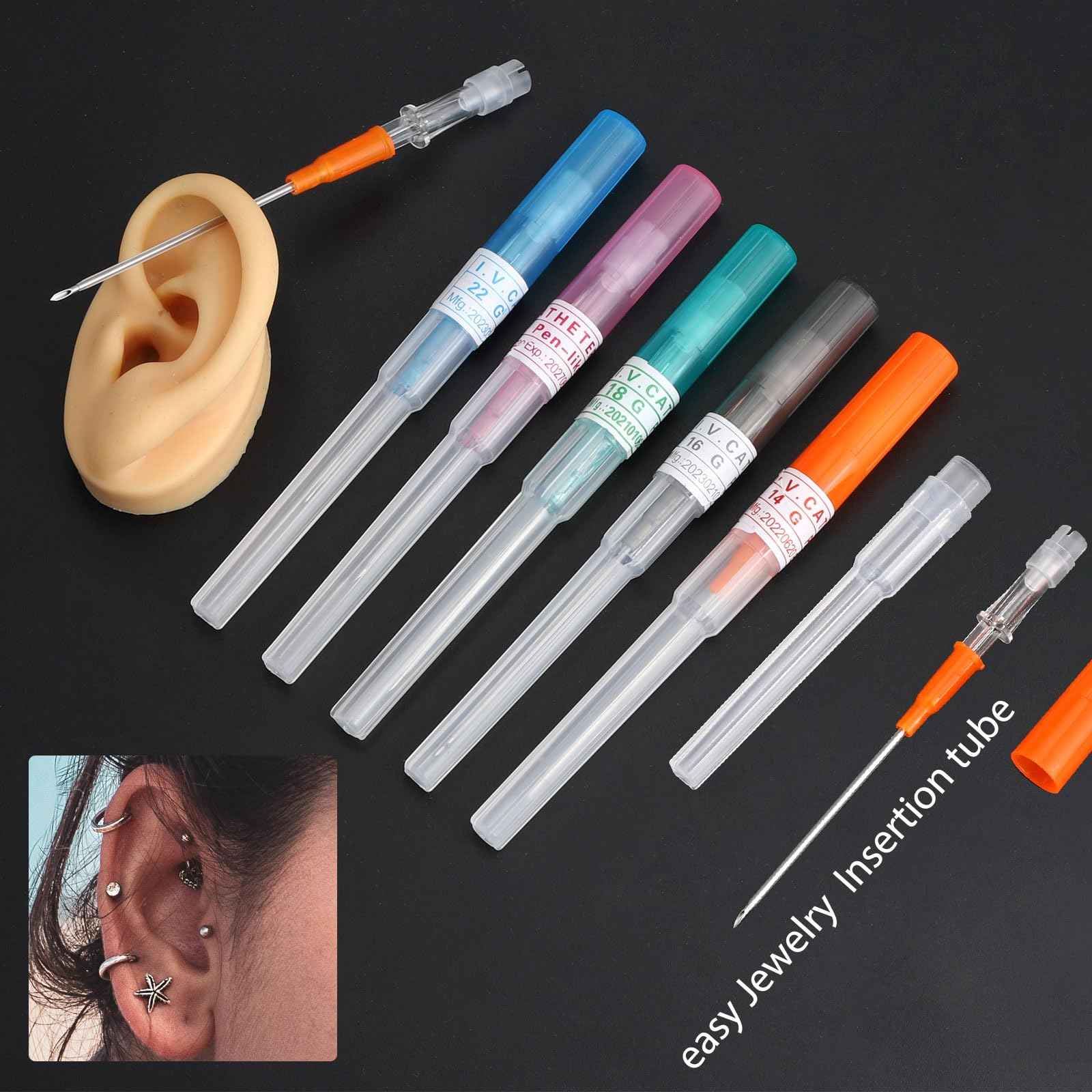 50Pcs Piercing Needles 14g 16g 18g 20g 22g IV Catheter Needles for Ear Nose Lip Tongue Belly Nipple Cartilage Piercings Disposable Stainless Steel Hollow Body Piercing Needles Tool