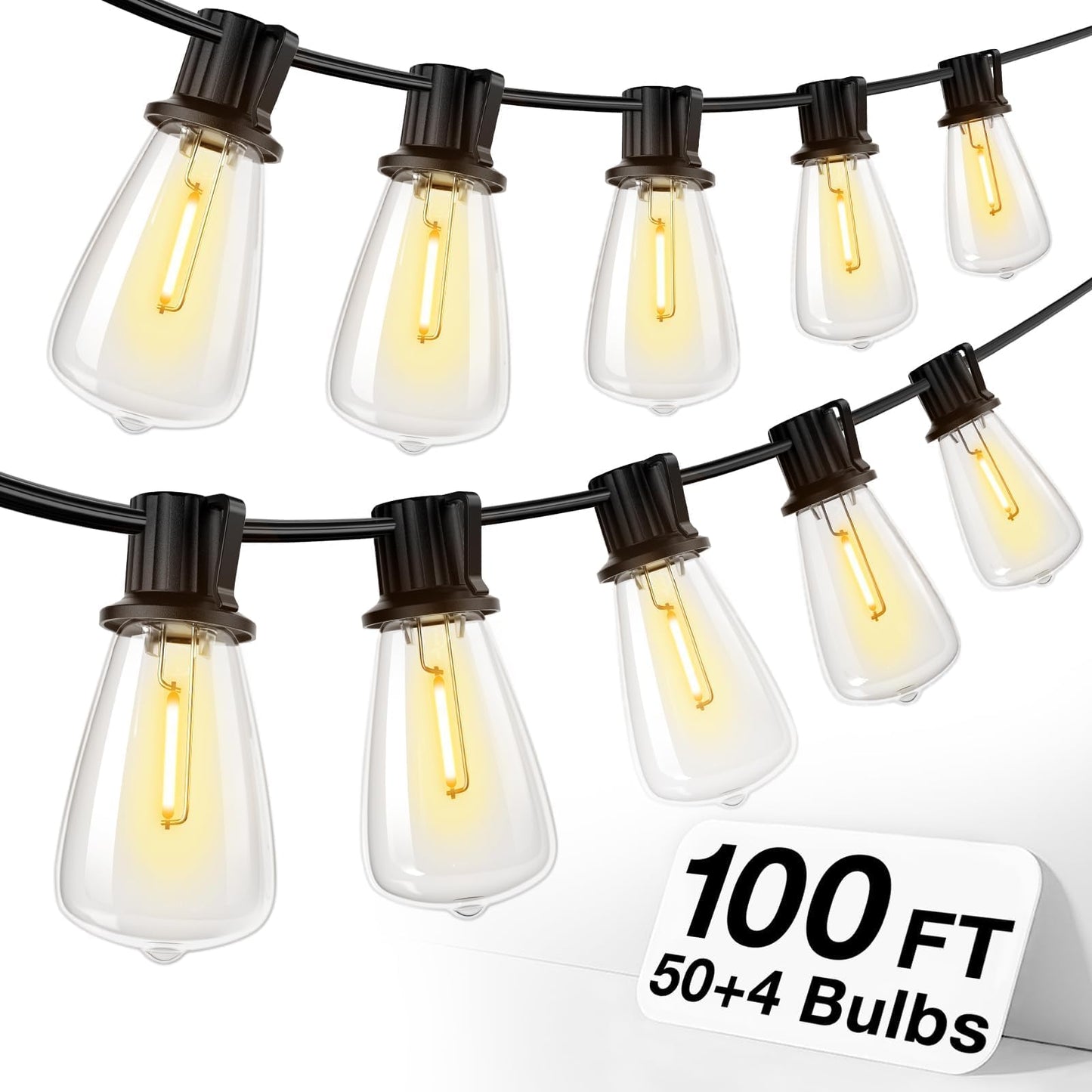 addlon 100FT(50FT*2) LED Outdoor String Lights Waterproof Patio Lights with 54 Shatterproof ST38 Replaceable Bulbs(4 Spare), Dimmable Outside Hanging Lights Connectable for Porch, Backyard, 2200K