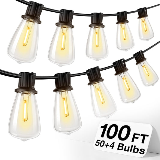 addlon 100FT(50FT*2) LED Outdoor String Lights Waterproof Patio Lights with 54 Shatterproof ST38 Replaceable Bulbs(4 Spare), Dimmable Outside Hanging Lights Connectable for Porch, Backyard, 2200K