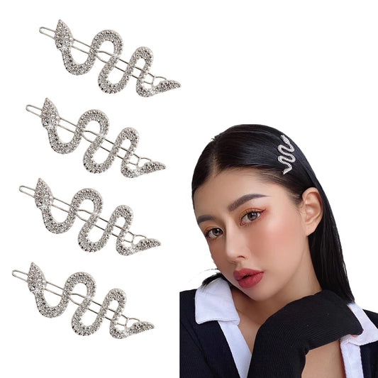 4 PCS Snake Hair Clip Vintage Metal Hair Pins Shiny Crystal Silver Hairpin Clip Snake Accessories for Women Girls (Silver)