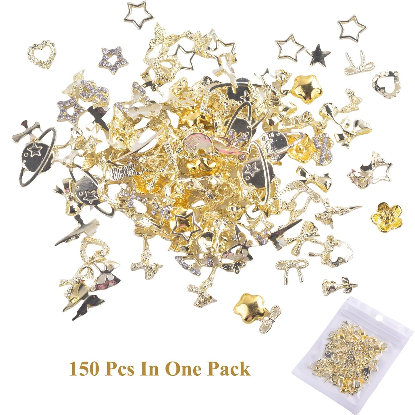 Gold Nail Charms Bulk 150pcs 3D Nail Art Charms Kit, Nail Charms Butterfly Bow Cross Star Heart Flower Nail Charms and Gems Y2K,Metal Nail Rhinestone and Charms (Gold Nail Charms mix)