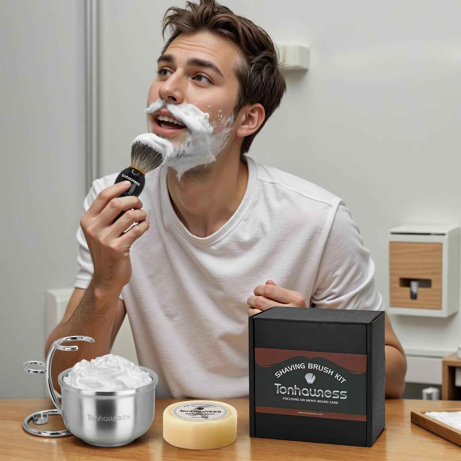 Shaving Brushes Kit For Men, 4 In 1 Shaving Brush Set Includes Badger Hair Shave Brush, Stainless Steel Shaving Bowl, Shaving Stand and Soap