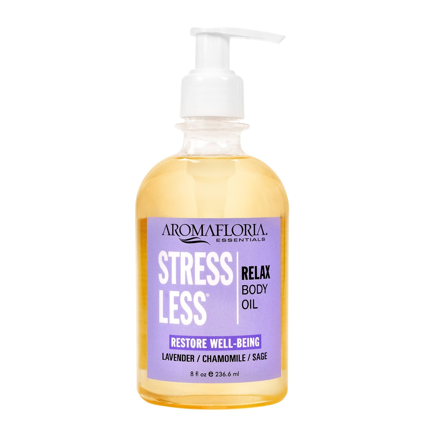 Aromafloria Stress Less Body Oil - Lavender, Chamomile, Sage Oil Scented - Body Massage Oil for Men & Women - 8.0 FL Oz Bottle