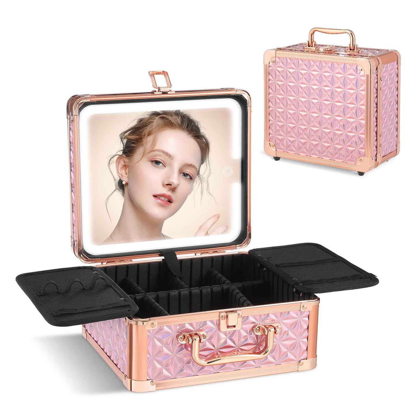 Leeora&Leekoo Makeup Box with Lighted Mirror,Portable Makeup Train Case Organizer (Pink)