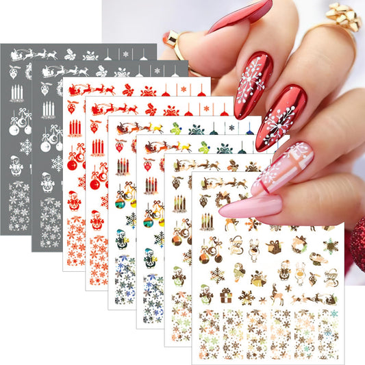 Christmas Nail Art Stickers Shiny Metallic Laser Snowflakes Nail Decals 3D Self-Adhesive Luxury Reindeer Snowman Nail Sticker Gold Silver Winter Xmas Tree Bell Nail Art Supplies for Women 8 Sheets