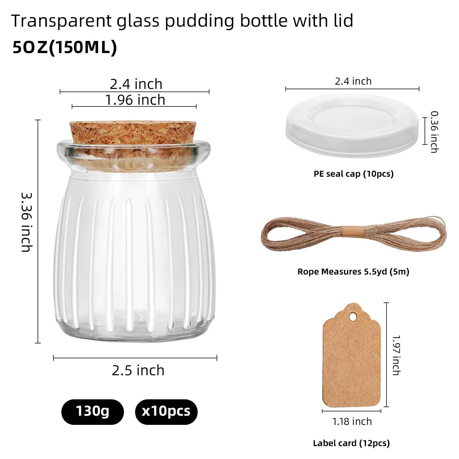 40Pcs 5oz Stripes Small Glass Jars with Cork Lids, Empty Candle Jars for Making Candles, Yogurt Container with PE Lids for Wedding Favors, Gift Jar, Baby Shower, Candy, Spices, with Twine, Labels (40)