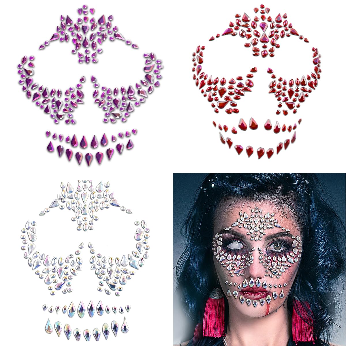 3Pack Sugar Skull Face Rhinestone Stickers for Makeup Halloween Self-Adhesive Temporary Stickers Day of the Dead Face Temporary Tattoo Skeleton Face Gems for Halloween Party Festival Accessory