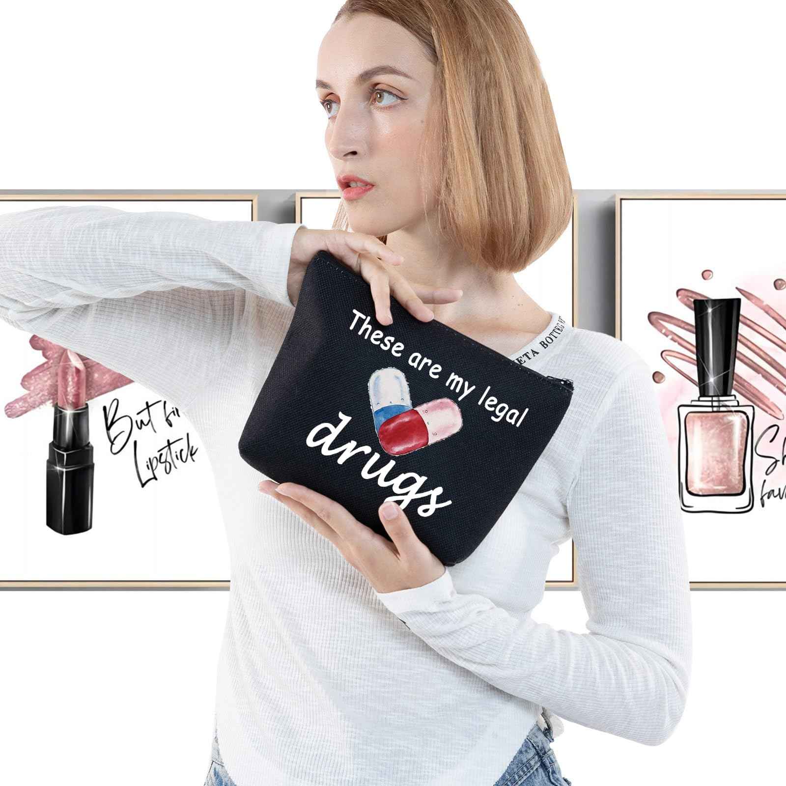 G2TUP Funny Medicine Bags for Women These are My Legal Drugs Cosmetic Bag Travel Pill Bags for Patient Friend (These Are My Legal Drugs Black)