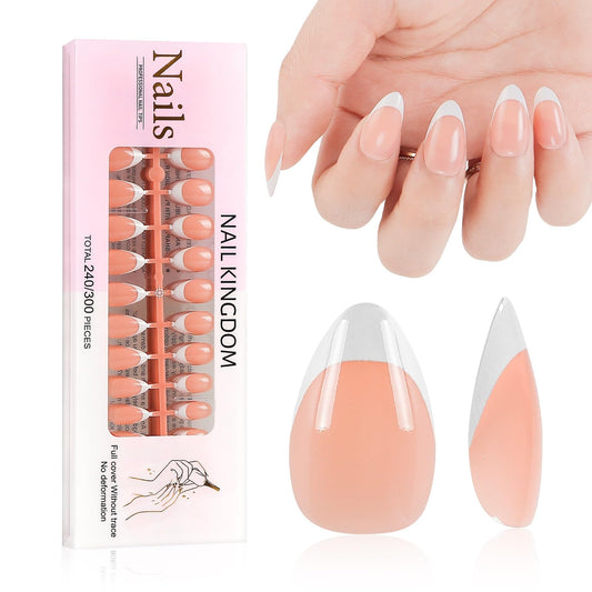 LIARTY 240 Pcs French Press On Nails Short Almond, French Tip False Nails Manicure, 15 Size Acrylic Full Cover Artificial Fake Nails (Natural)