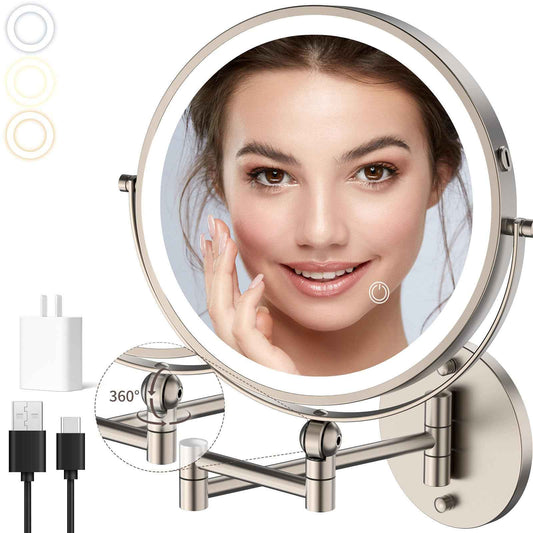 9" Wall Mounted Makeup Mirror with Lights, 4000mAh Rechargeable 1X/10X Wall Mounted Magnifying Mirror for Bathroom, 3 Color Lighting,Touch Screen Dimming,Extended Arm 360 Rotation Wall Mount Mirror N