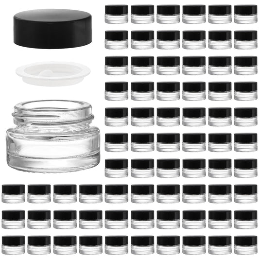 Coloch 90 Pack 5ml Empty Glass Jars with Black Lid, Clear Airtight Cosmetics Container Bulk Refillable Tiny Sample Jar for Cosmetics, Lotion, Cream, Samples, Wax, Skincare, Travelling, Retail Store