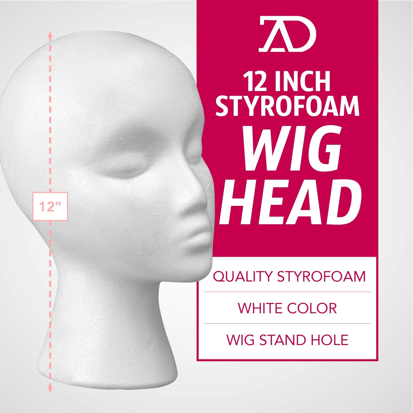 Styrofoam Female Wig Head Mannequins Manikin, Style, Model & Display Women's Wigs, Hats & Hairpieces Stand - by Adolfo Designs (12 Inches)