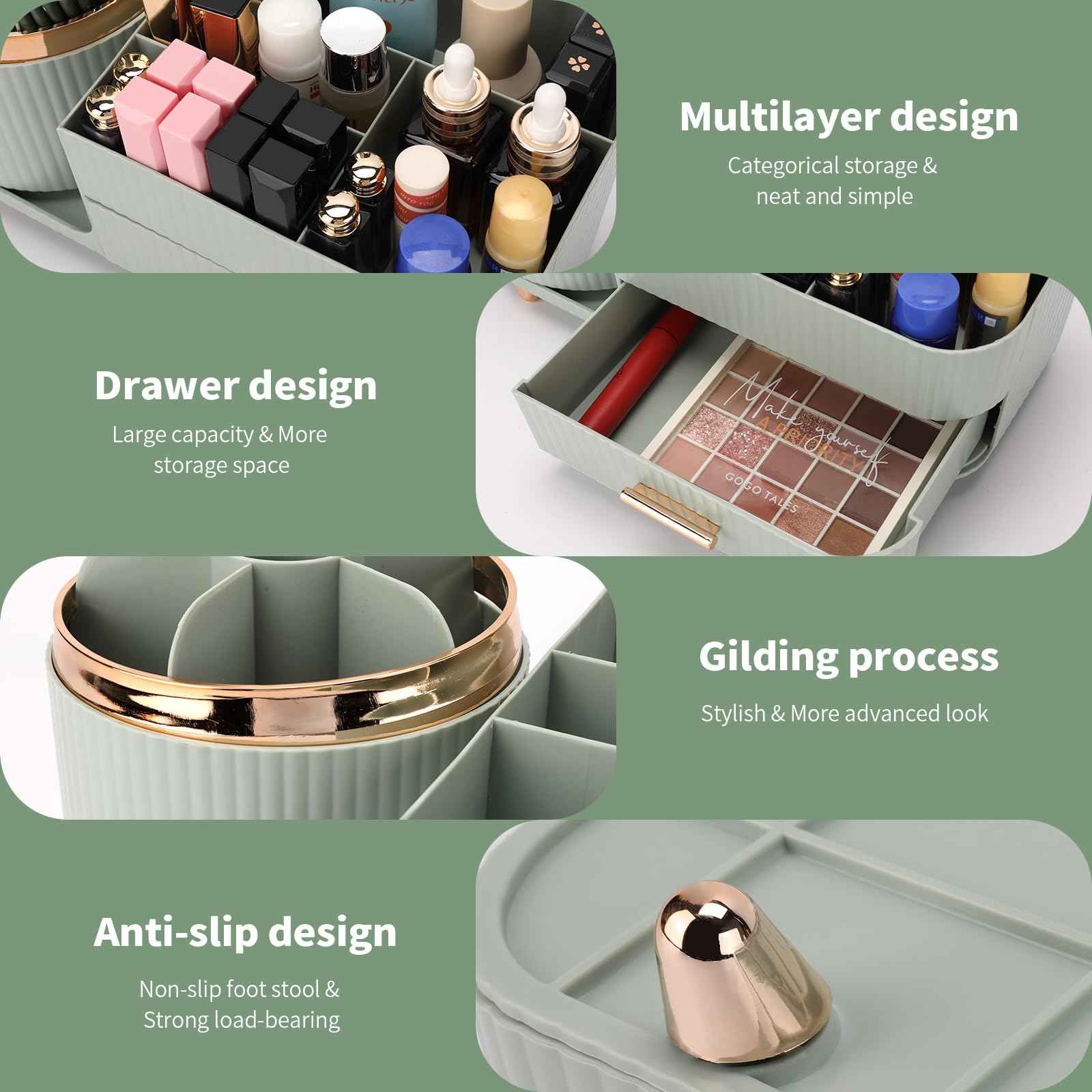 Beborxue 360° Rotating Makeup Organizer for Vanity with Drawers, Large Capacity Cosmetic Display Case, skincare organizer, Cosmetic Organizer for Lipstick, Skincare, Brushes, Eyeshadow, (Green)