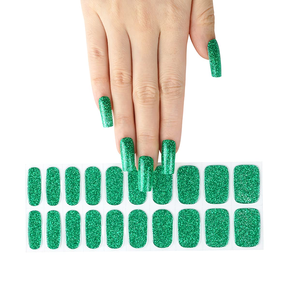 ACROIN Semi Cured Gel Nail Strips Nail Wraps 20 Stickers Need Cured, Salon-Quality, Long Lasting, Easy to Apply & Remove, Includes Cleaning Pad, Nail File, Wooden Stick - Sparkling Green