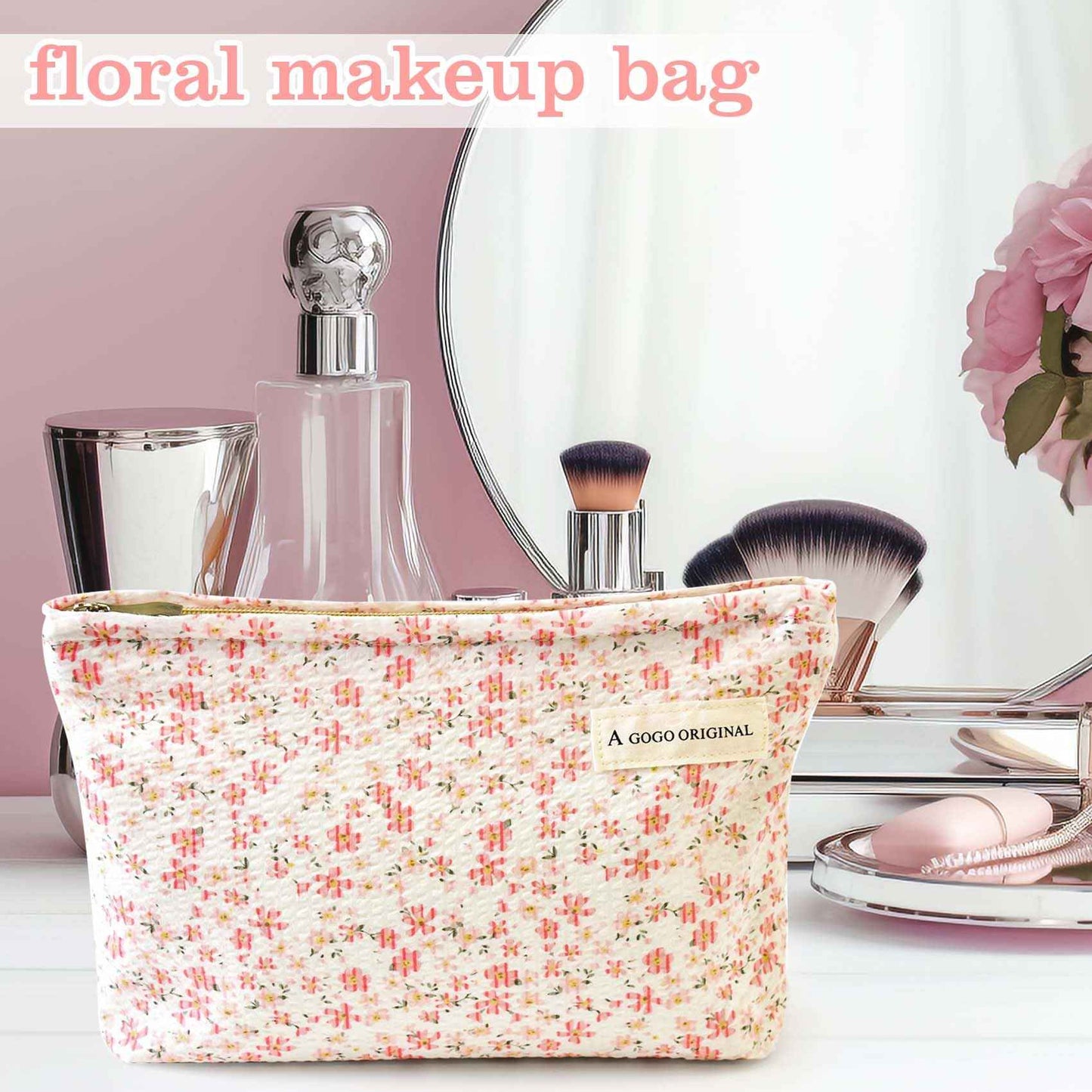 giteo bedding Aesthetic Makeup Bag Cotton, Quilted Floral Make up Bags, Travel Toiletry Bag Women, Daily Use Cosmetic Bags for Girls, Pink Makeup Bag for Purse, Cosmetics Organizer Pouch (Pink)