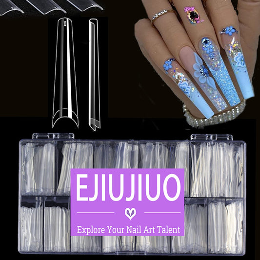 Upgrade 3XL No C Curve Coffin Nail Tips,EJIUJIUO 504 Pcs 2.2" Clear XXXL Extra Long Half Cover Nail Tips for Acrylic Nails,EJIUJIUO 3XL Non C Curve Flattened Ballerina Nail Tips with Case(12 Sizes)