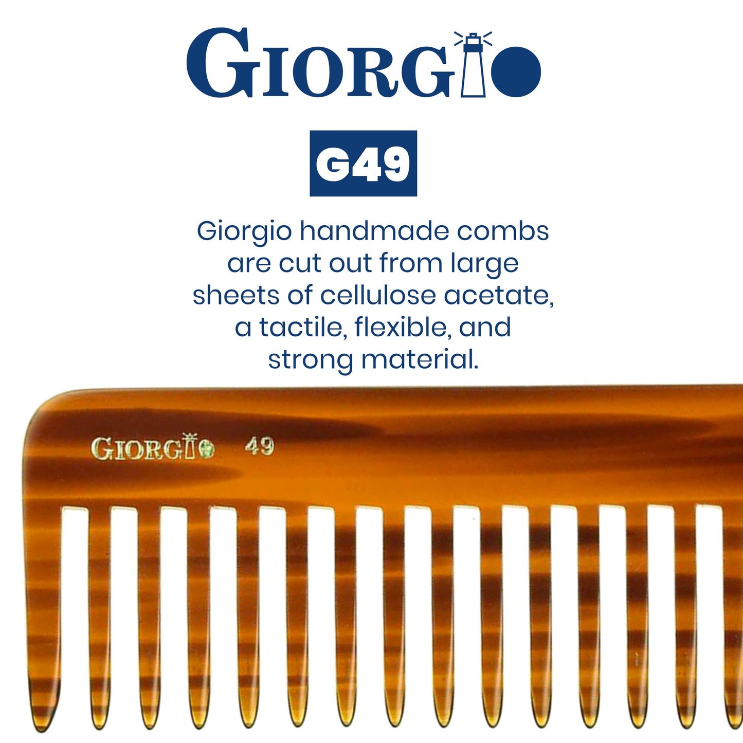 Giorgio G49 Large 5.75 Inch Hair Detangling Comb, Wide Teeth for Thick Curly Wavy Hair. Long Hair Detangler Comb For Wet and Dry. Handmade of Quality Cellulose, Saw-Cut, Hand Polished, Tortoise Shell