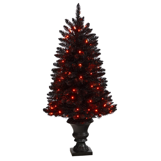 Nearly Natural 4ft. Black Halloween Artificial Christmas Tree in Urn with 100 Orange LED Lights