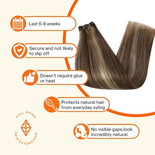 Full Shine Hair Extensions Sew In Remy Straight Hair Weft Extensions Color Medium Broen Highlight Honey Blonde Weft Hair Extensions Human Hair Sew In Extensions 12 Inch 80G