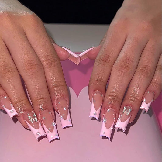 24 Pcs Press on Nails Medium Coffin Fake Nails French Tip False Nails with Butterfly and Rhinestone Designs Ballerina Nail Tips Glossy Full Cover Glue on Nails Pink Reusable Stick on Nails for Women