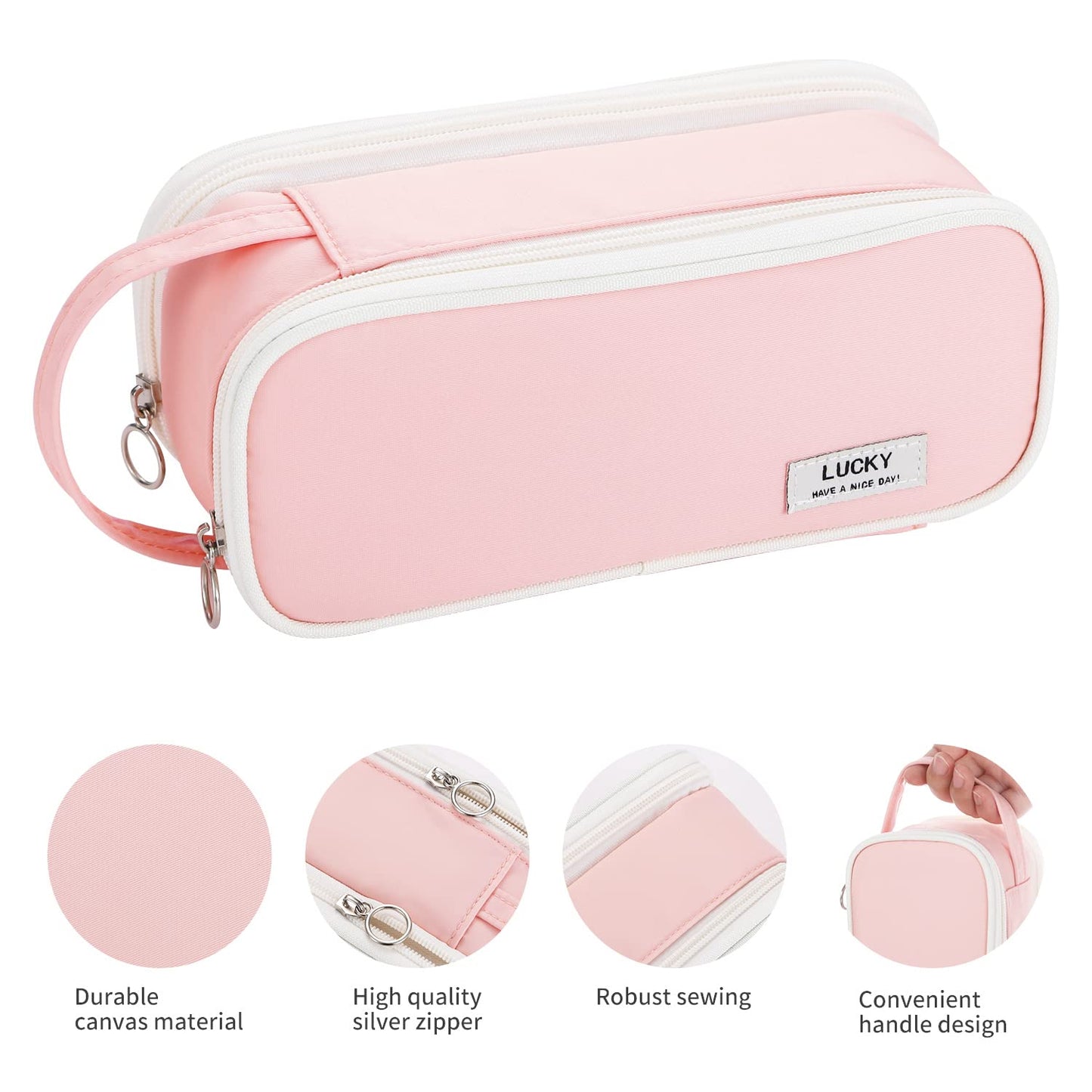 Dugio Big Pencil Case for Girls Teens Kids Zipper Pencil Pouch with Handle Organizer Pencil Bag Aesthetic Pencil Pen Case for School Pink