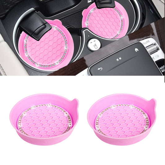 Amooca Car Cup Coaster Universal Non-Slip Cup Holders Bling Crystal Rhinestone Car Interior Accessories 2 Pack Pink