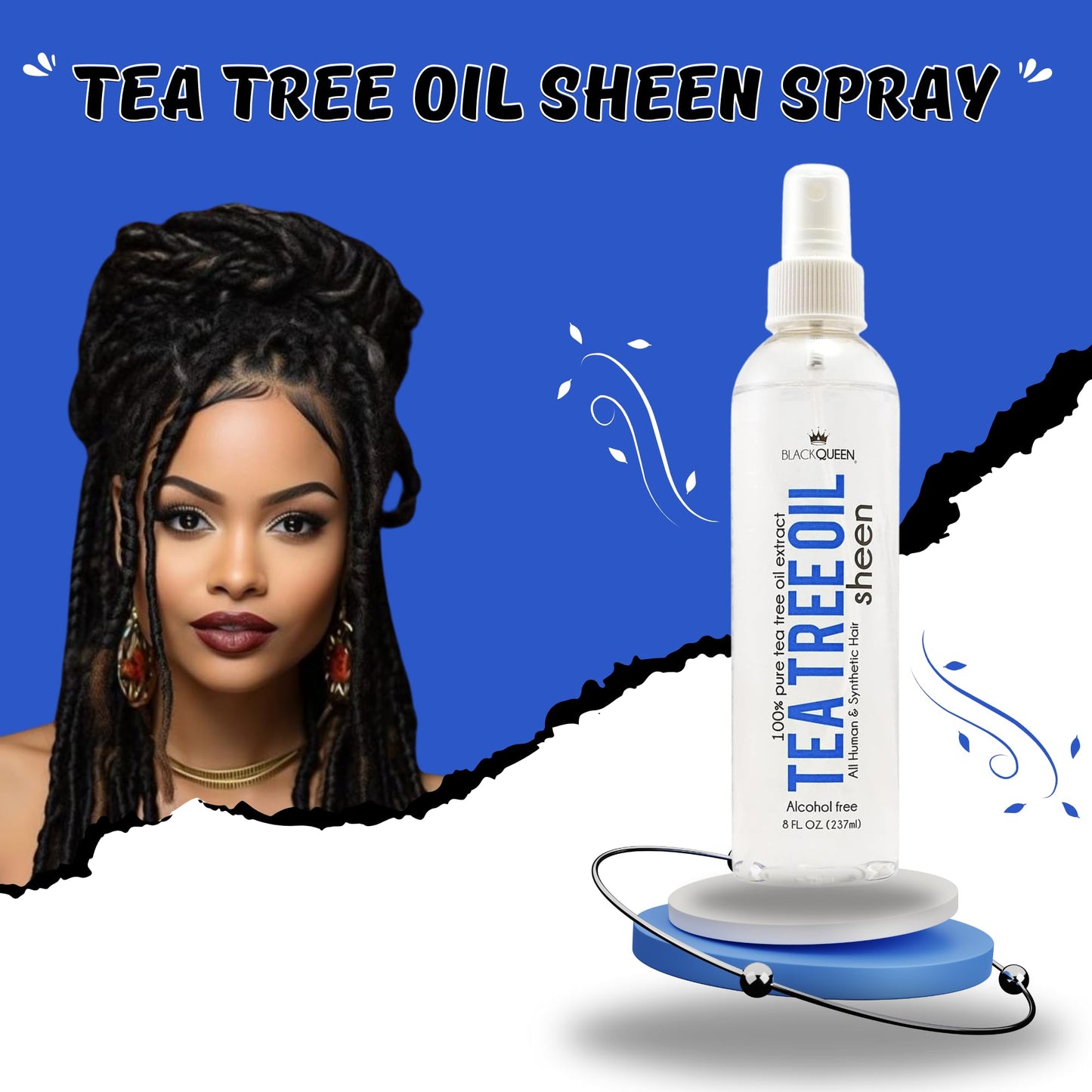 Black Queen Tea Tree Oil Sheen Spray for Locs, Dreadlocks, Twists, Braids, Cornrows, 4C Hair - Moisturizing, Refreshing - Made in the USA - 8 oz (8oz pack of 2)