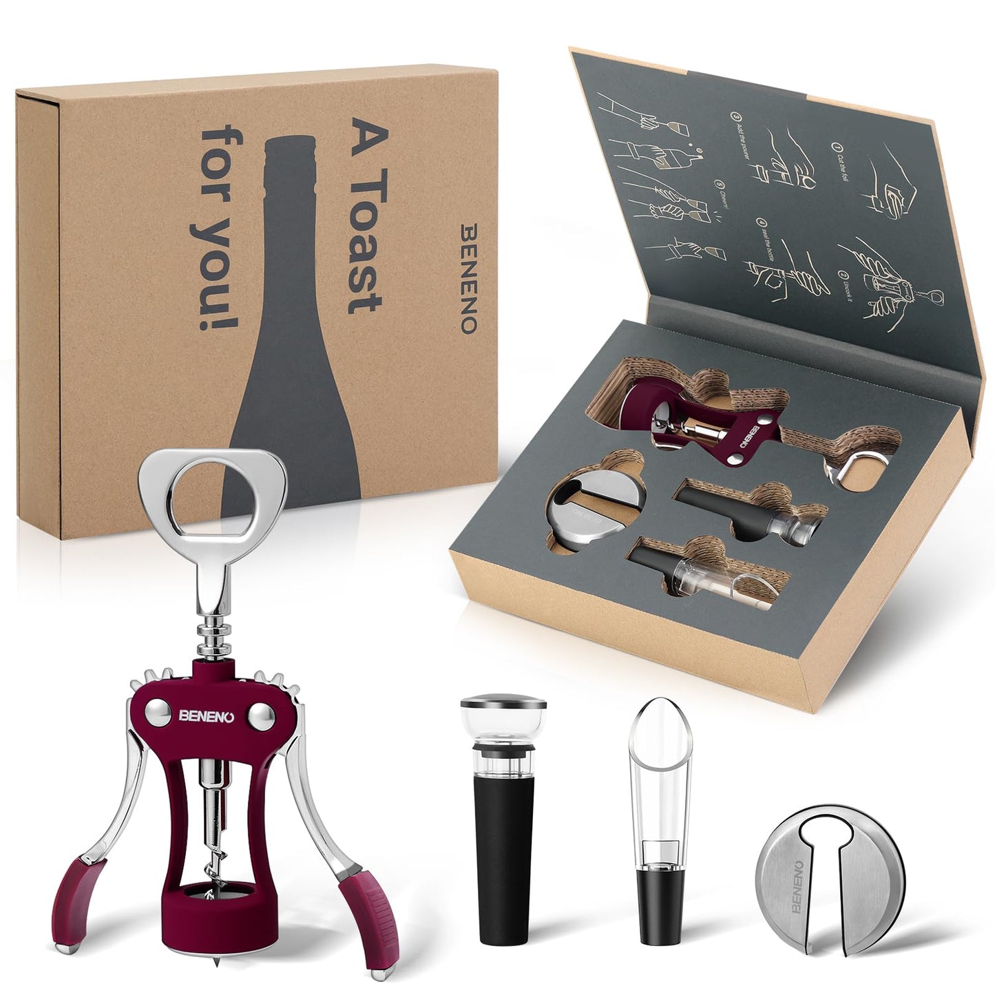 Wine Opener Gift Set Premium Wing Corkscrew Wine Bottle Opener with Multifunctional Bottles Opener, Wine Foil Cutter, Wine Vacuum Stopper, Wine Aerator Pourer Upgrade for Wine Lovers Man Woman