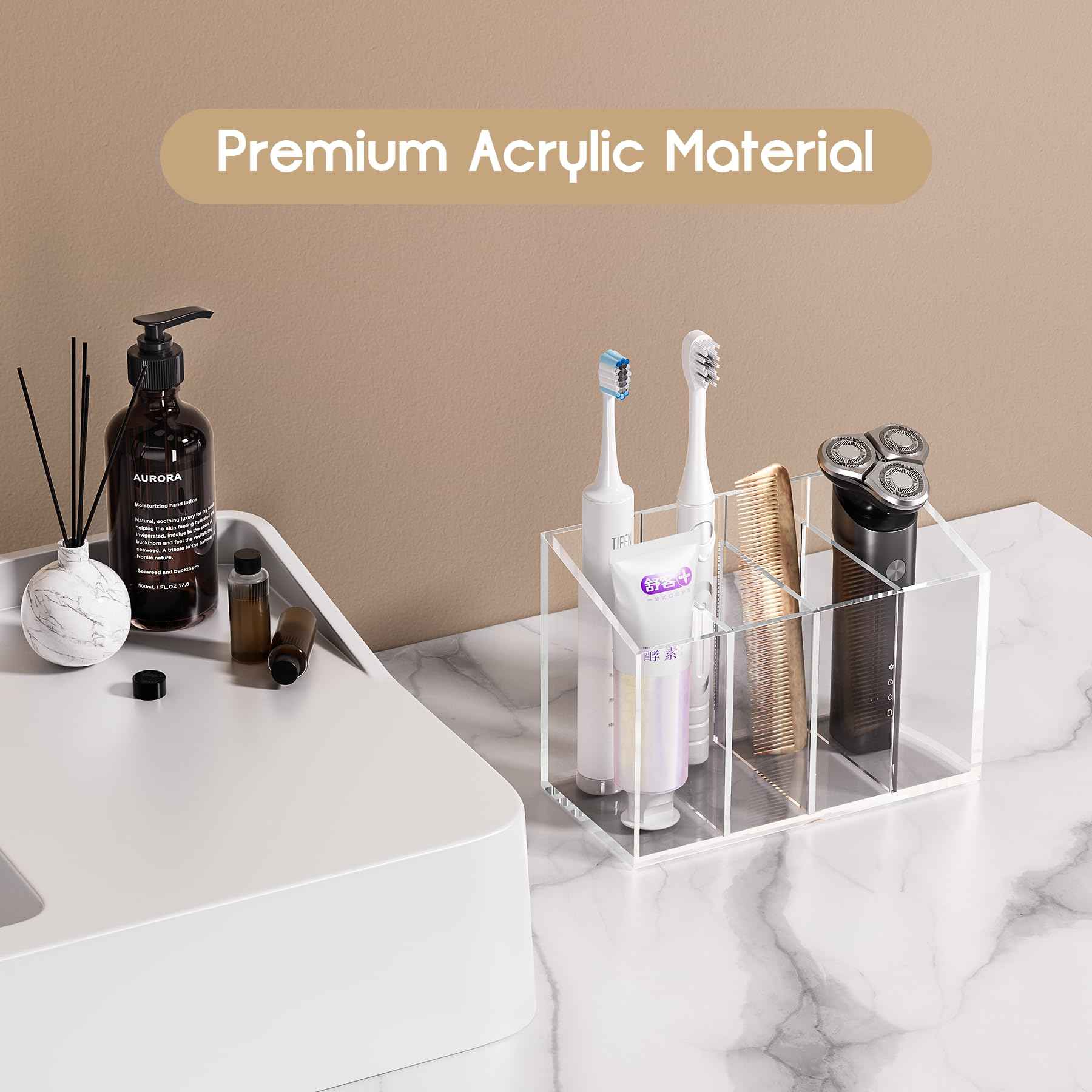 Acina 2PCS Clear Makeup Brush Holder Organizer Acrylic 3-Slots Cosmetic Brushes Storage Organizer for Vanity Countertop