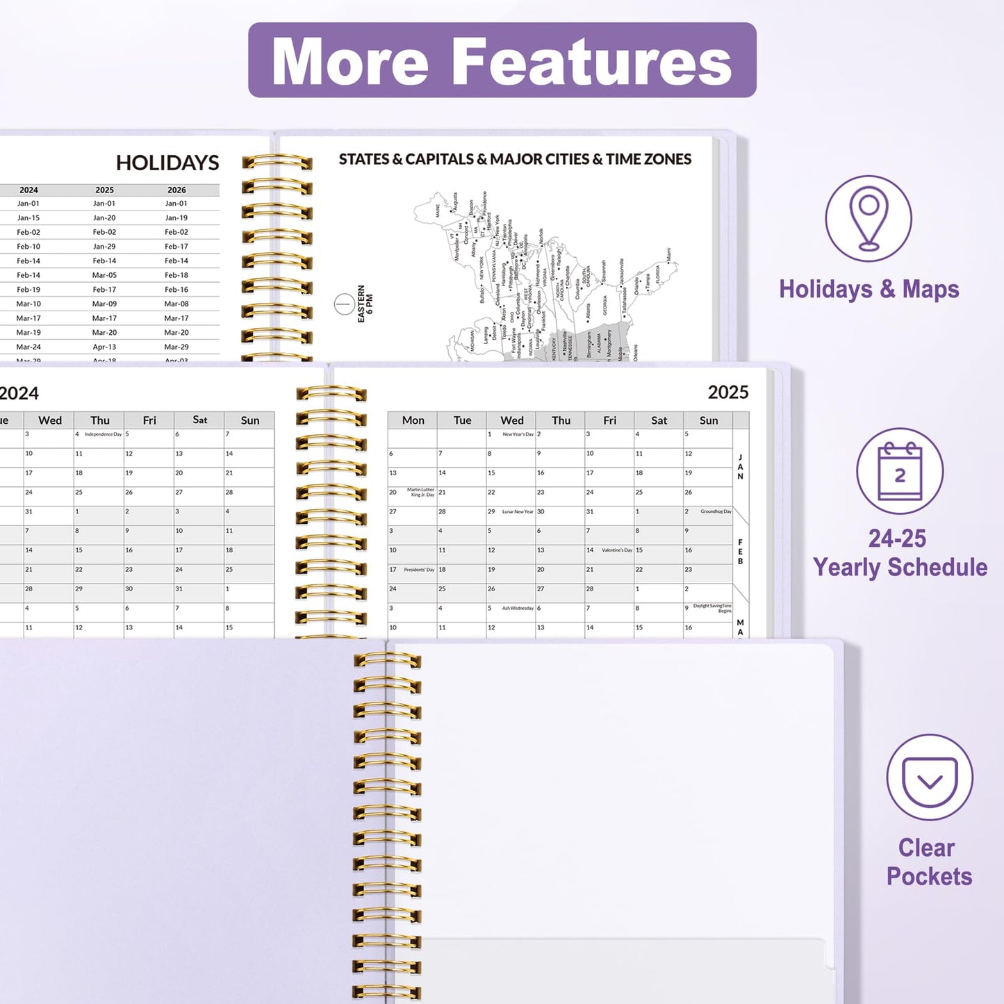 SUNEE Academic Planner 2024-2025 Weekly and Monthly - from August 2024 - December 2025, 6.4"x8.3" School Year Calendar Daily Planner with Monthly Tab, Flexible Cover, Note Pages, Pockets, Bookmark, Spiral Binding, Purple