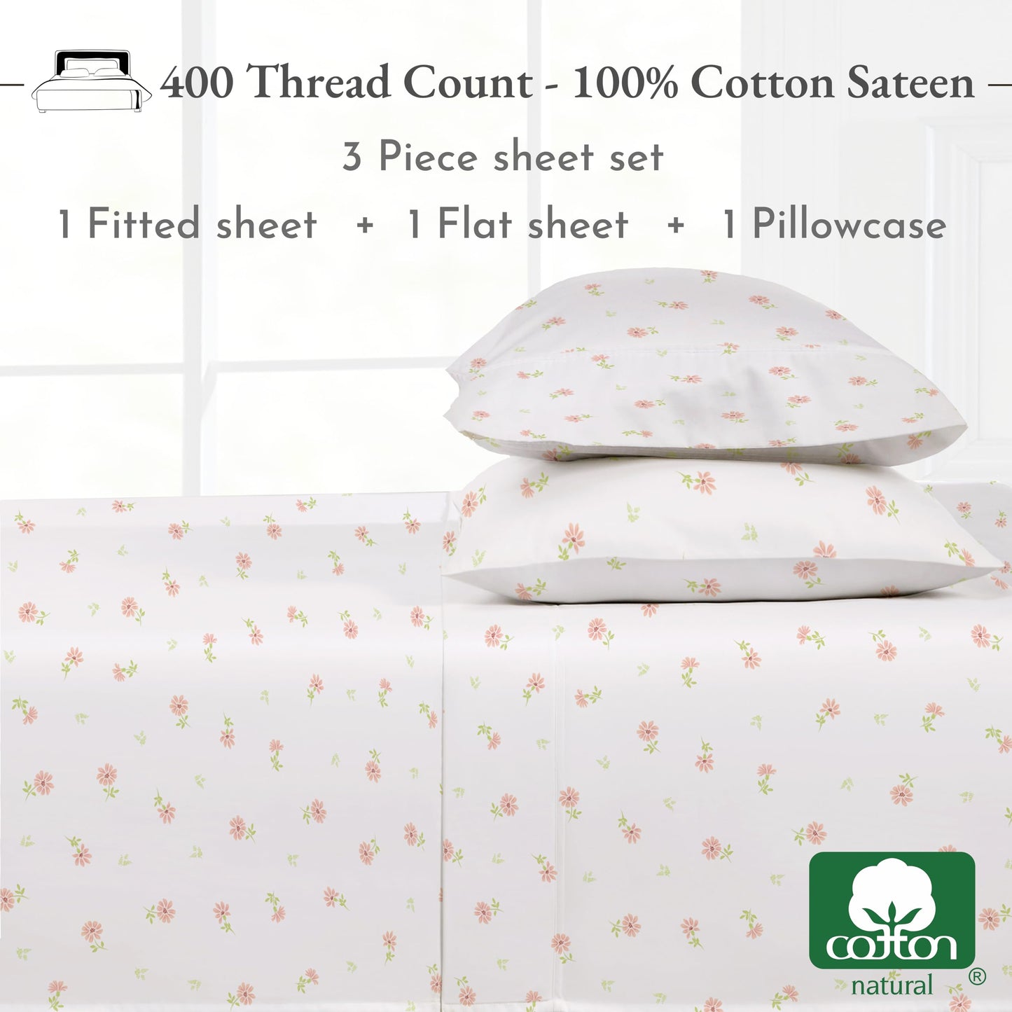 California Design Den Twin Floral Sheet Set, 400 Thread Count 100% Cotton Sateen 3 Pc Twin Size Sheets Set, Deep Pocket Sheets & Pillowcase Set - Soft Floral