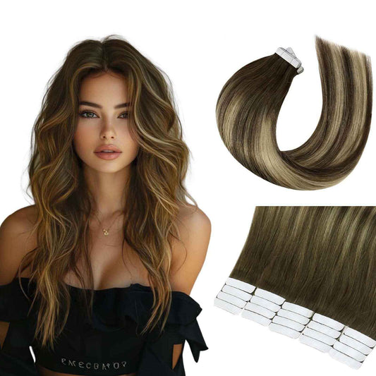 GEELOOK Tape in Hair Extensions Human Hair 18inch Skin Weft Straight Thick Natural with 12 Pieces Replacement Tape 20pcs 50g Chocolate Brown mixed caramel blonde #4/27/4