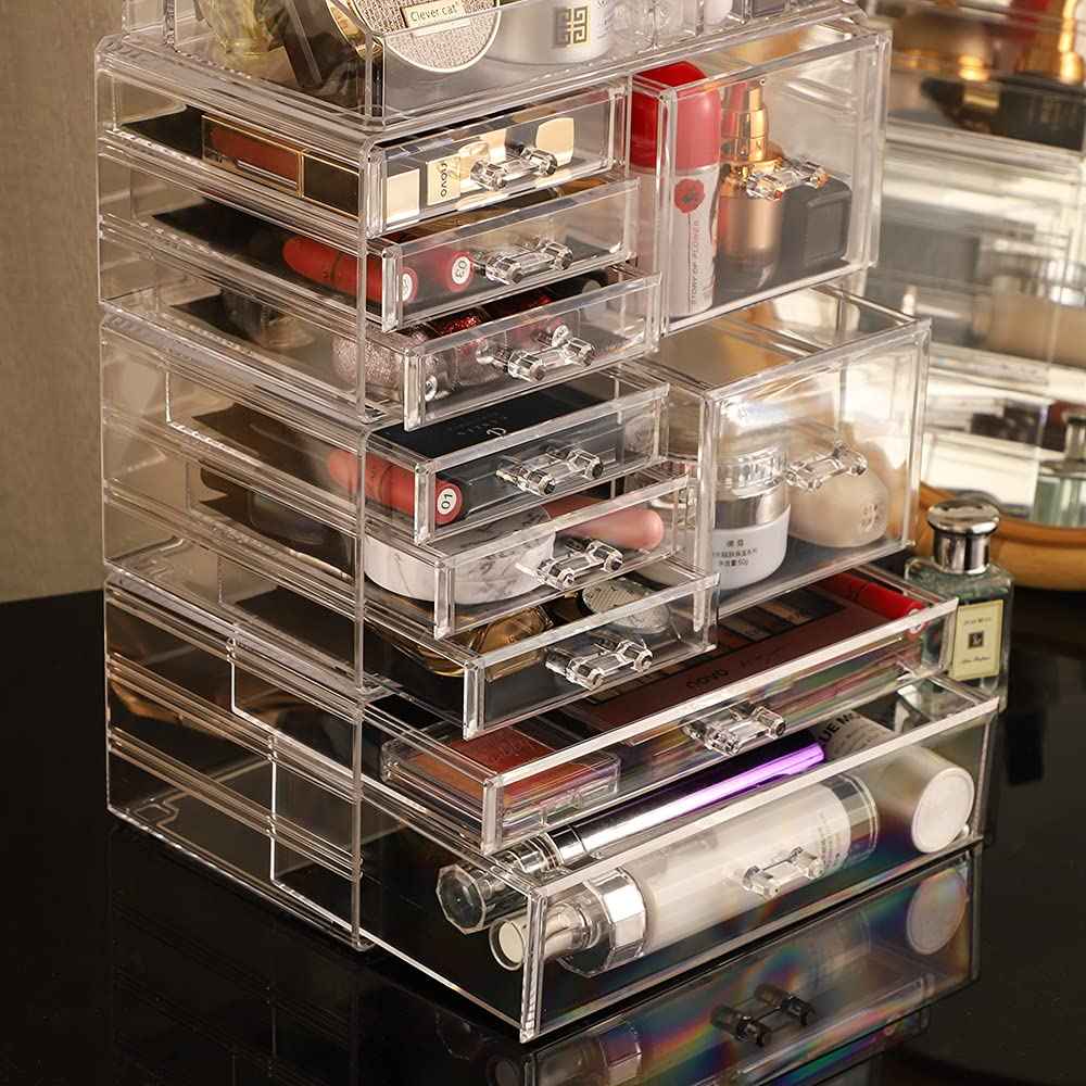 Cq acrylic Clear Makeup Storage Organizer Care Large Cosmetic Display Cases Stackable Storage Box With 10 Drawers For Dresser,Pack of 1
