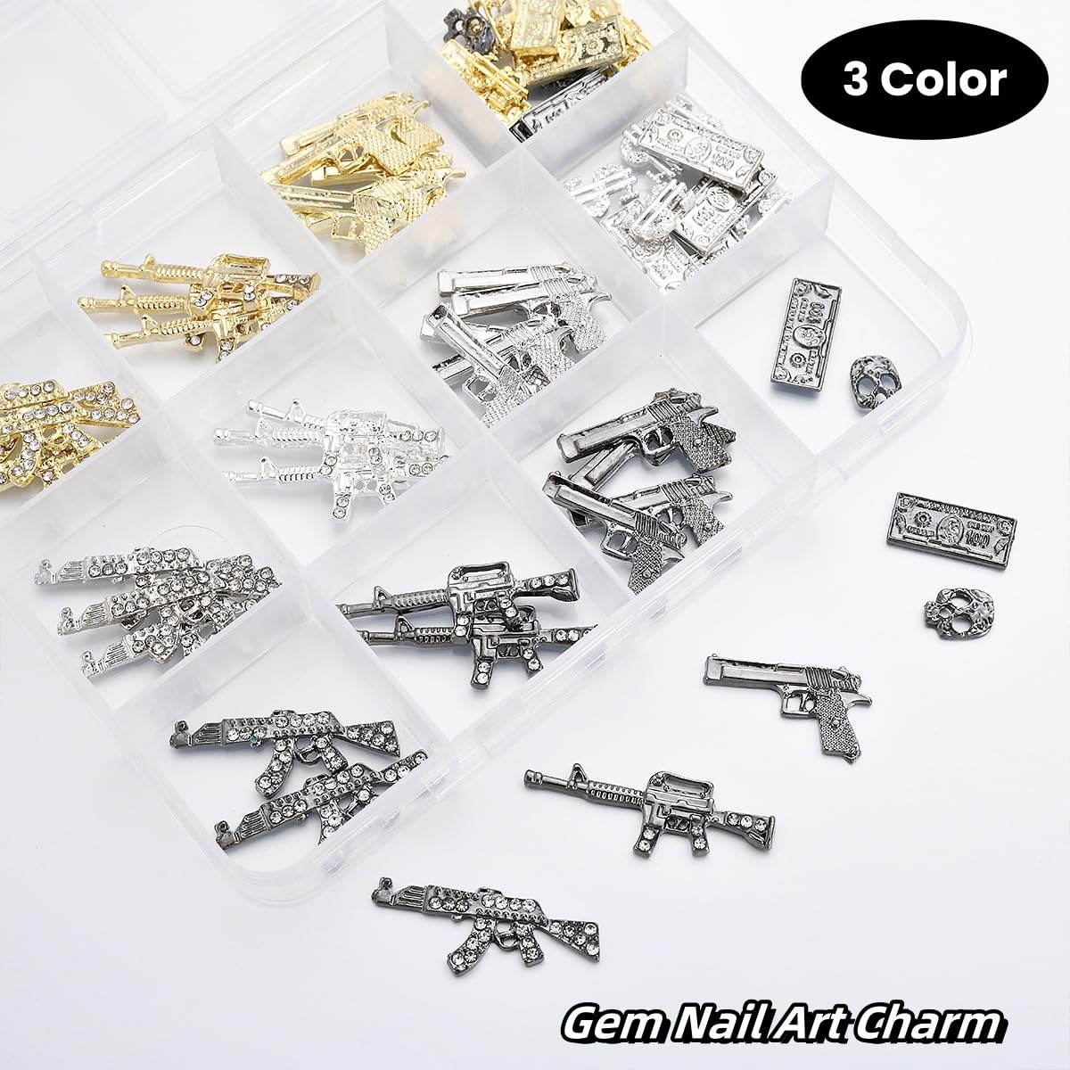 ZUMILLMN 63PCS 3D Gun&Dollar Nail Charms for Alloy Nails,Gold Silver Black Alloy Nail Art Decoration, Nail Stones Nail Jewels Accessories for Nail Art Supplies Manicure Craft DIY