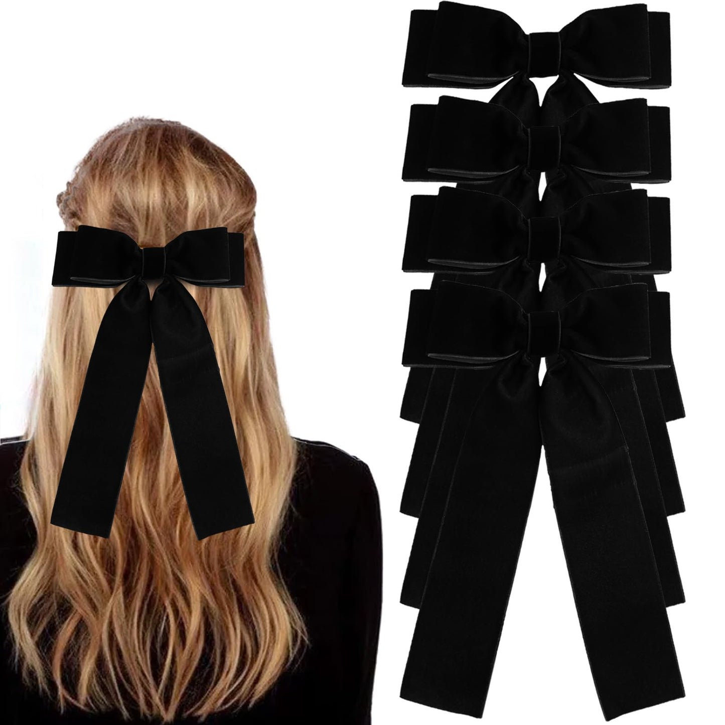 Zkptops 4Pcs Black Velvet Bow Hair Clips for Women Girls Kids Teens Toddlers Big Long Tassel Ribbon Bowknot Hair Accessories Soft Large Ponytail Holder Thin Curly Fine Thick Hair Cute Metal Barrette