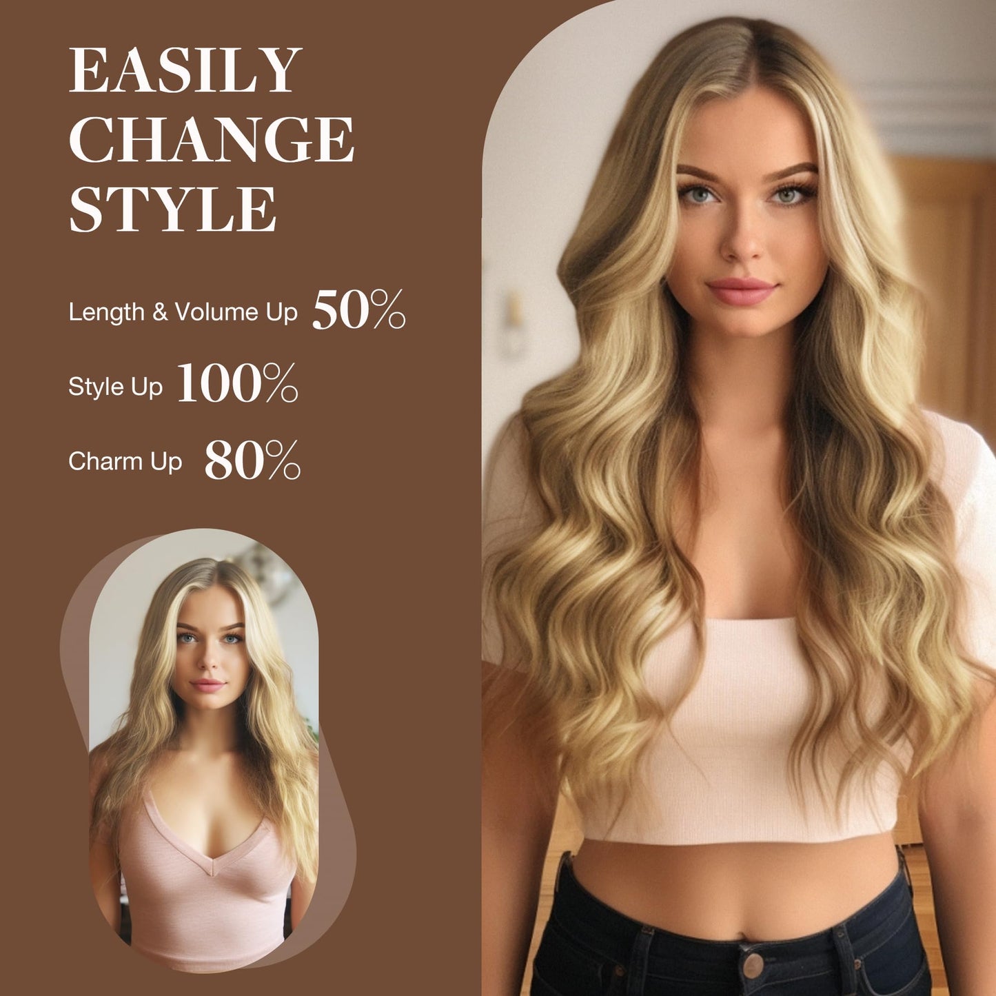 GOO GOO Wire Hair Extensions Real Human Hair, 14inch 75g Light Blonde Highlighted Blonde, Invisible Wire Hair Extensions with Transparent, Seamless Fish Line Hairpiece, Straight Remy Hair Extensions