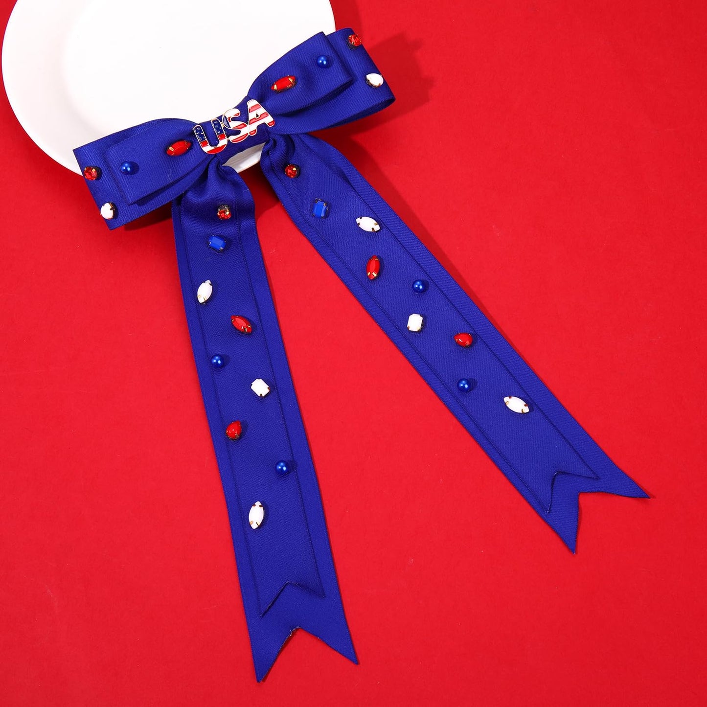 Boderier 4th of July Bows for Girls American Flag USA Hair Bow Clips Jeweled Patriotic Ribbon Hair Clips Independence Day Hair Accessories Fourth of July Party Favors USA Blue