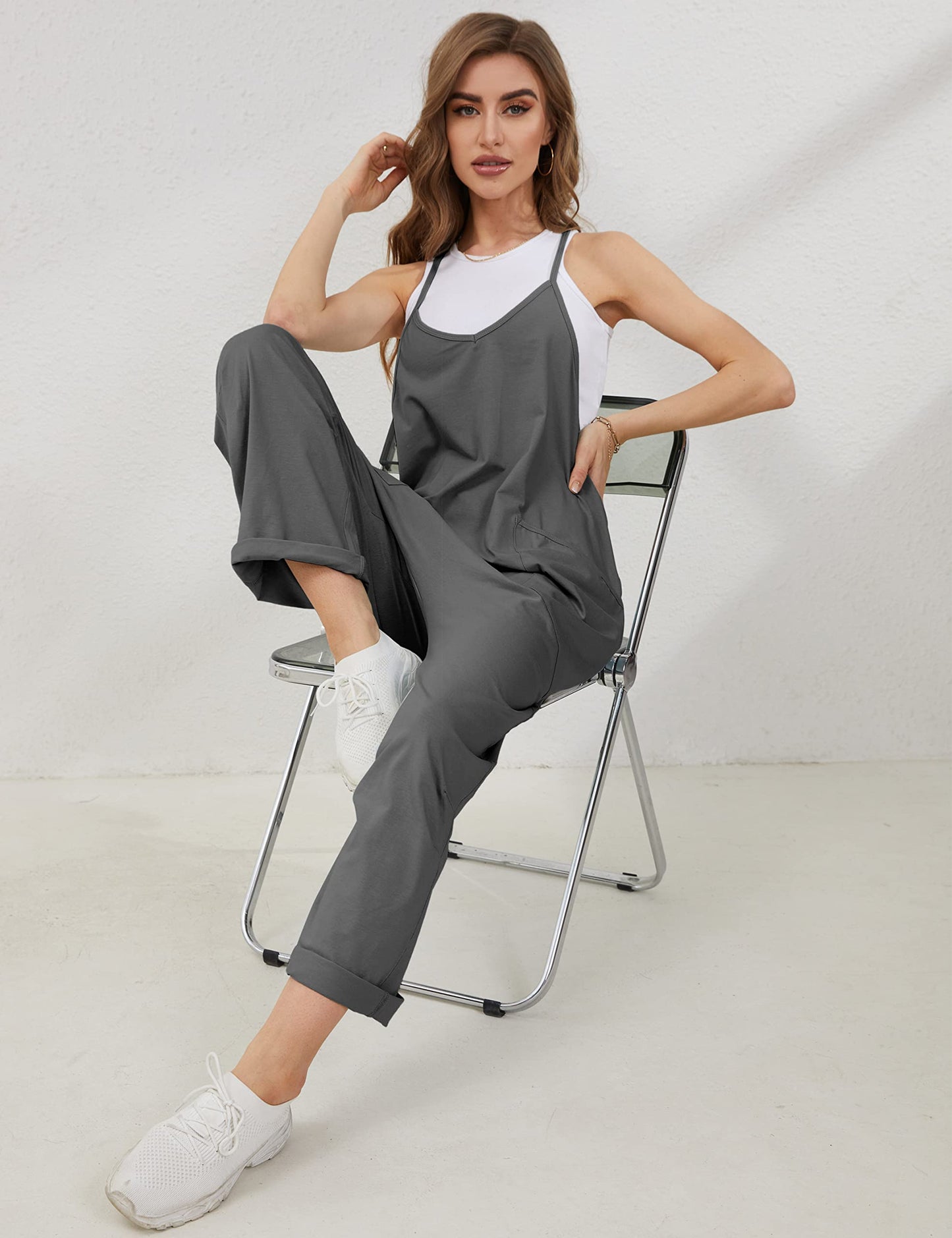 Lentta Women's Causal Jumpsuits V Neck Sleeveless Harem Overalls Stretchy Adjustable Strap Romper with Pockets(DarkGrey-S)