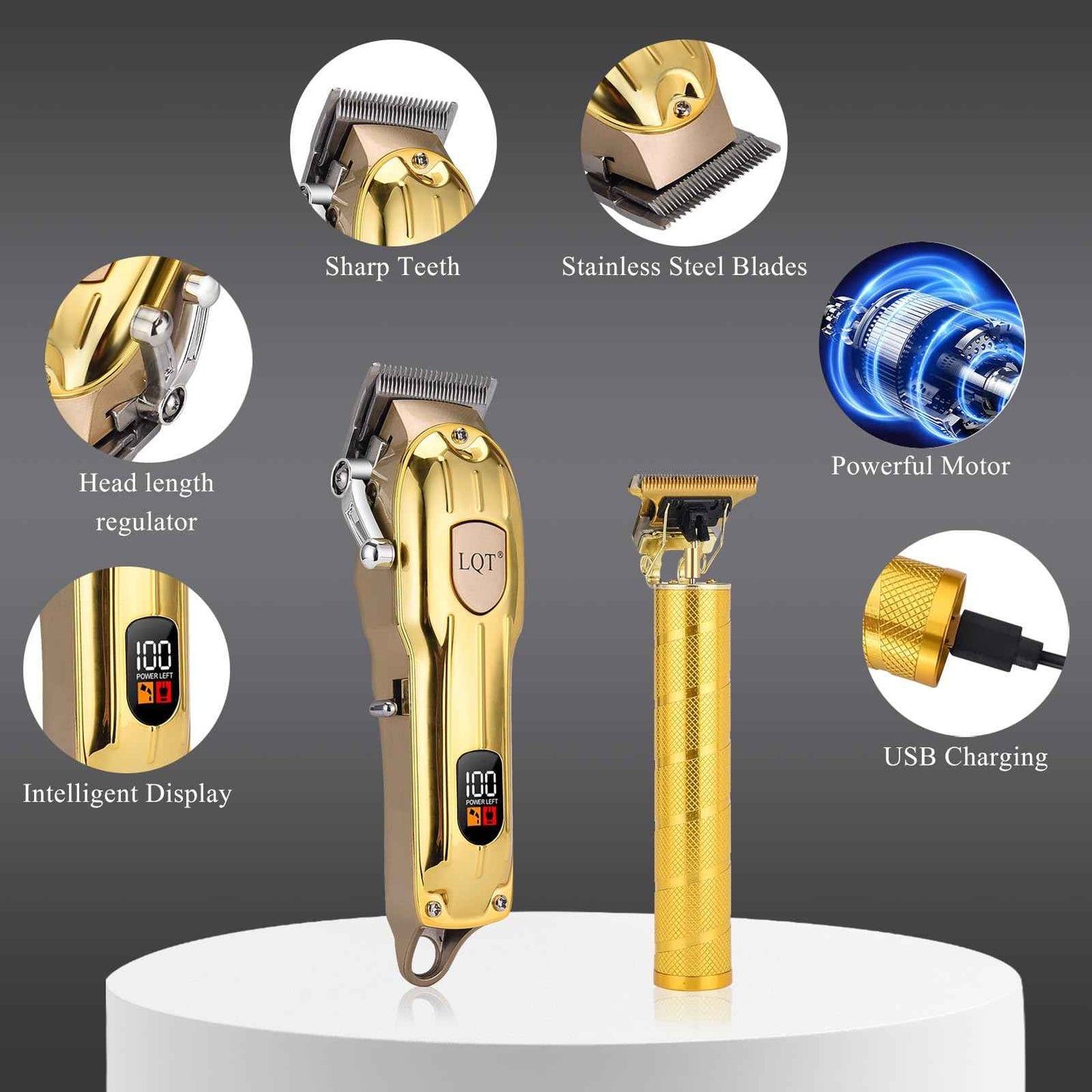 LQT Professional Hair Clipper Set, Gold, LED Display, with Trimmer, 8 Guide Combs, Barber Shaver Set, with Travel Case and Haircut Cape (Gold)