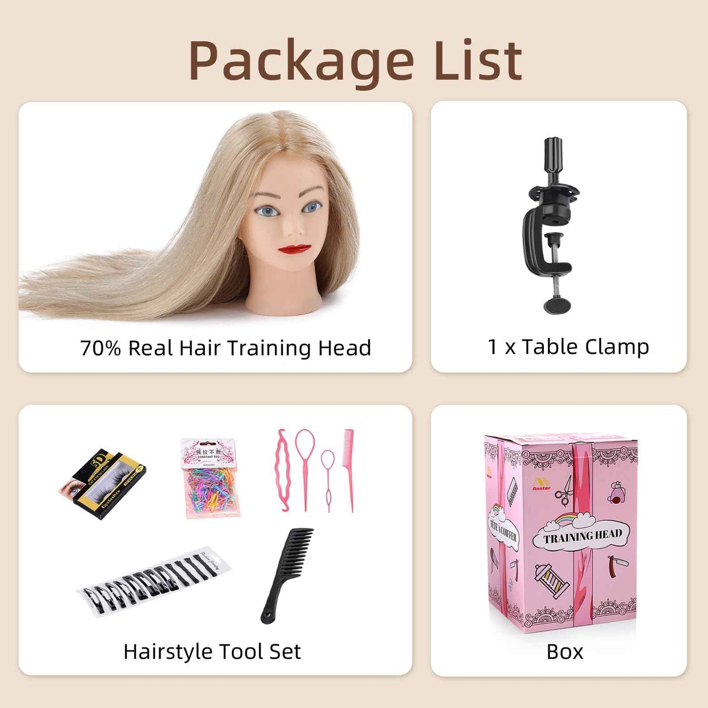 Mannequin Head Human Hair, 24”Mannequin Head with 70% Real Hair Mannequin Cosmetology Manikin Practice Doll Head for hair styling Braiding Hairdressing Head with Table Clamp + DIY Hair Styling Set