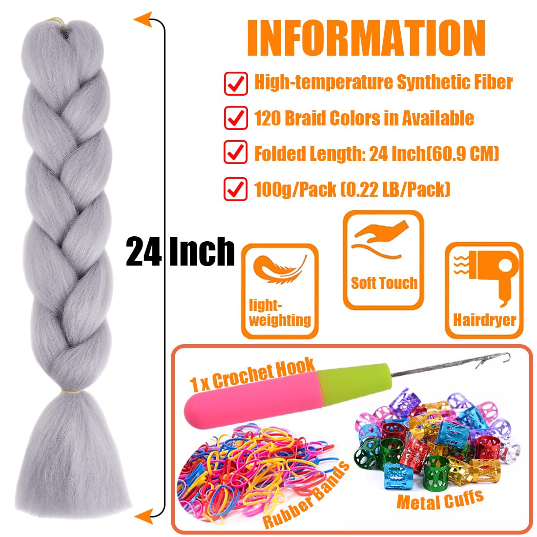 DOREN Jumbo Braiding Hair Extensions for Black Women Crochet Braids Hair DIY Box Braids with Crochet Hook 100g/pc 3Pieces/Lot(24 Inch, A39 Light Gray)