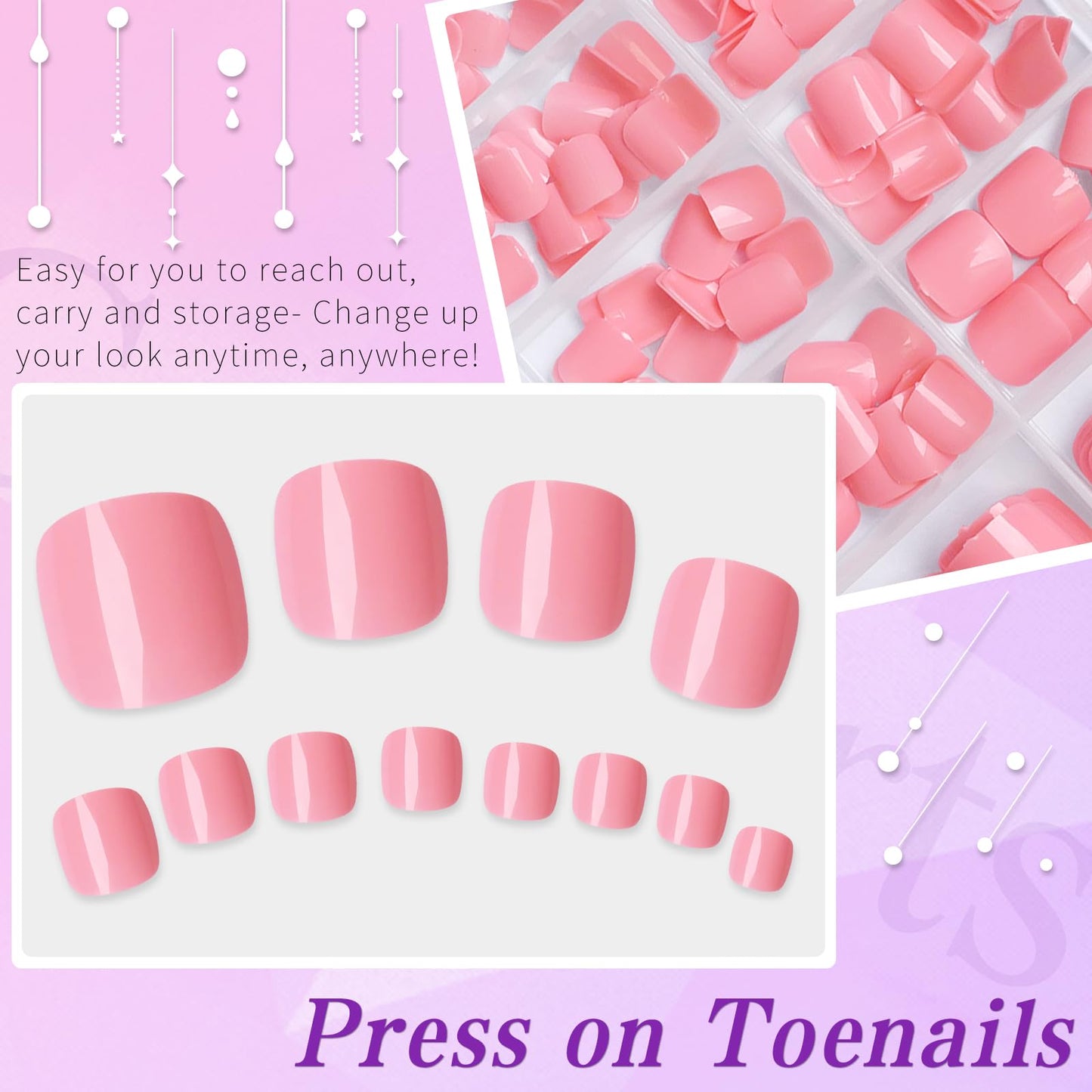 Lifextol 240pc Press on Toenails for Women Toe Press on Nails Short Fake Toe Nails Press ons with Glue&Adhesive Tabs, Acrylic Toe Nail Tips False Toenail Press ons Artificial Fake Toenails-Pink