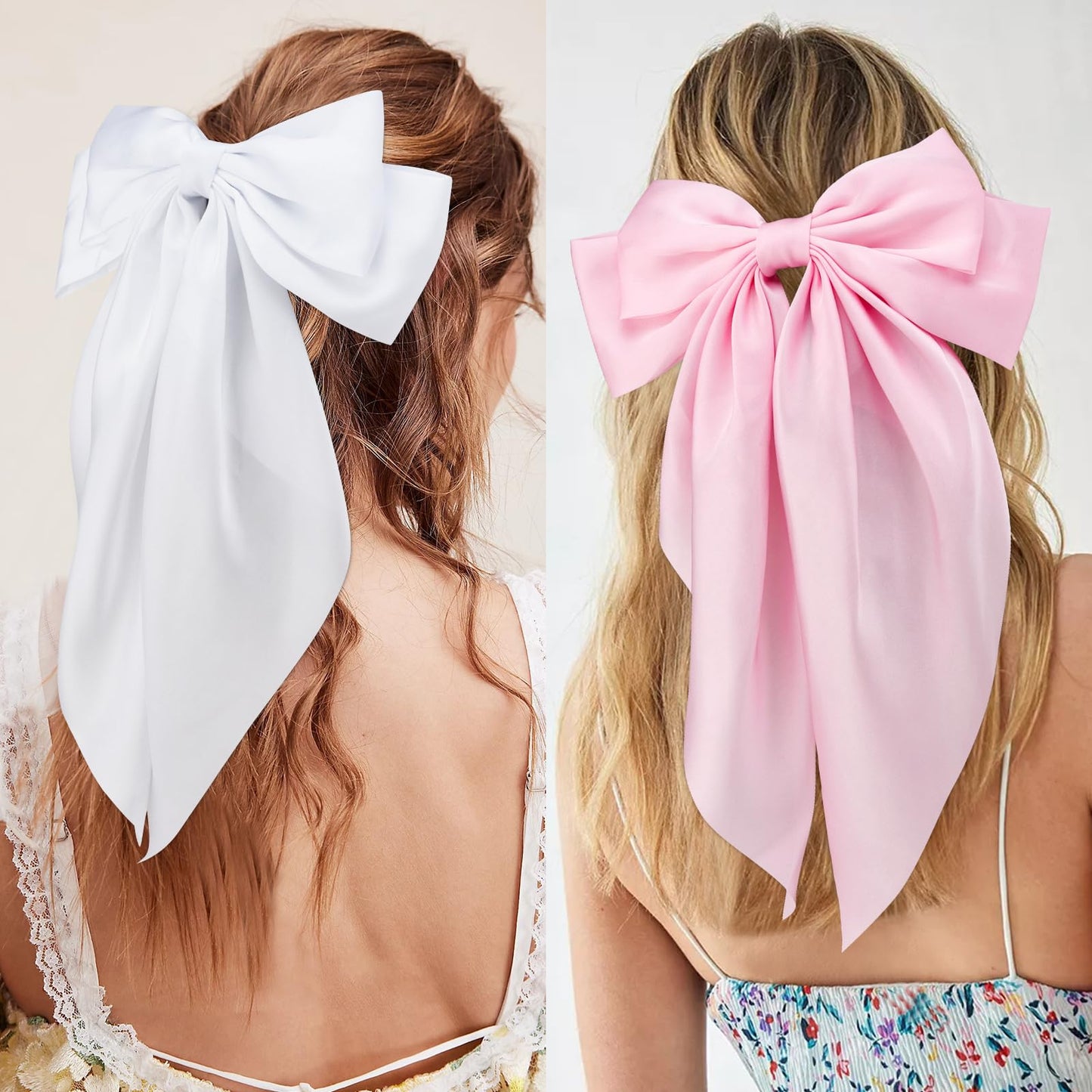 Velscrun Hair Bows for Women Girls 3Pcs White Pink Black Silky Satin Large Bows Hair Clip Oversized Hair Ribbons Long Tail Big Hair Bows Accessories