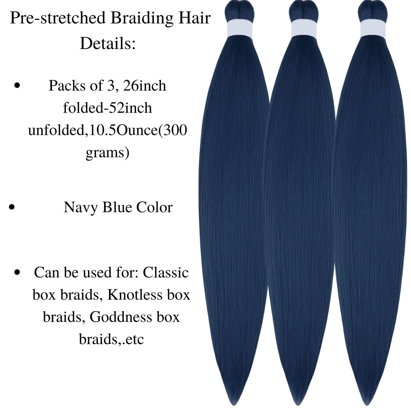 Navy Blue Braiding Hair Pre stretched Kanekalon Knotless Braiding Hair for Braids（Packs of 3,26",10 OZ）