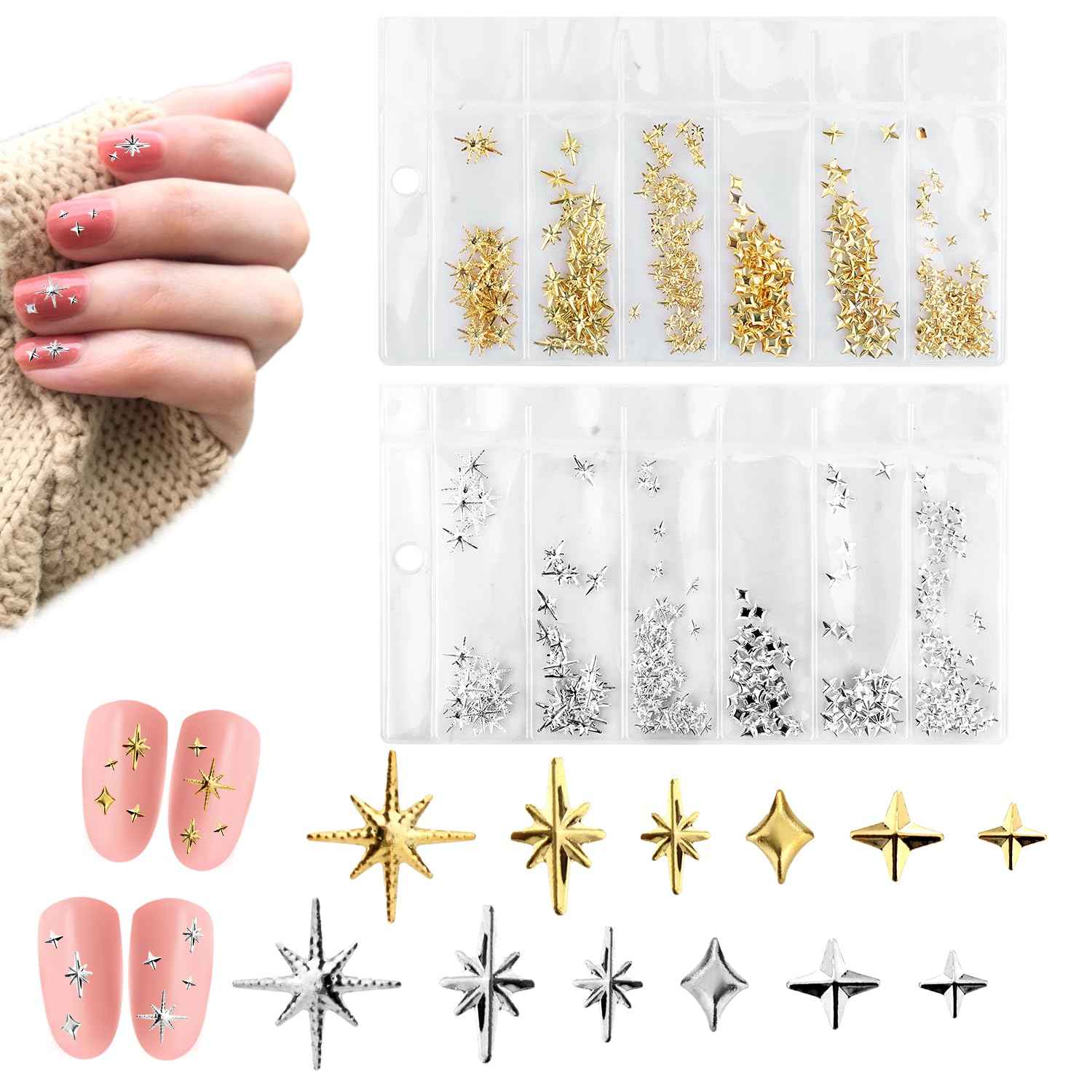 700pcs Star Nail Charms for Nails Art, Gold & Silver Star Nail Gems 3D Multi Style Star Nail Studs Nail Jewelry Rhinestones Decorations for Woman Girl