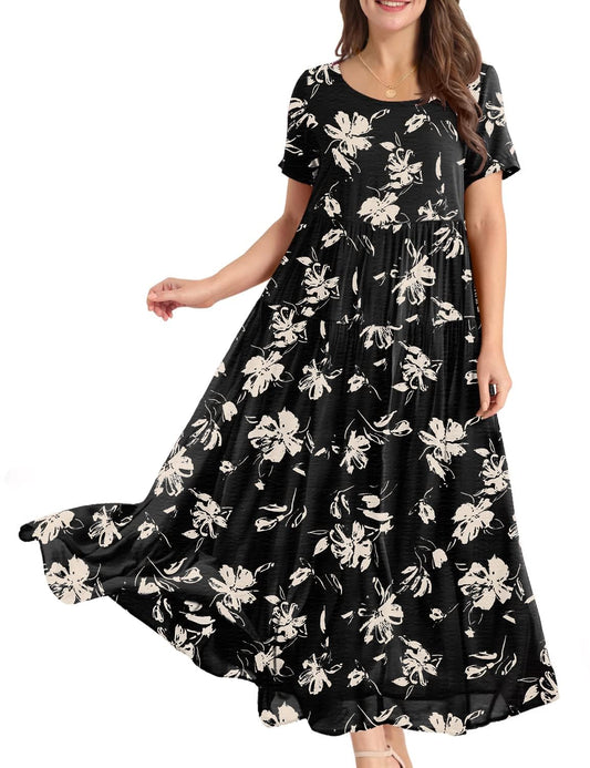 YESNO Women Casual Loose Bohemian Floral Dress with Pockets Short Sleeve Long Maxi Summer Beach Swing Dress S EJF CR346